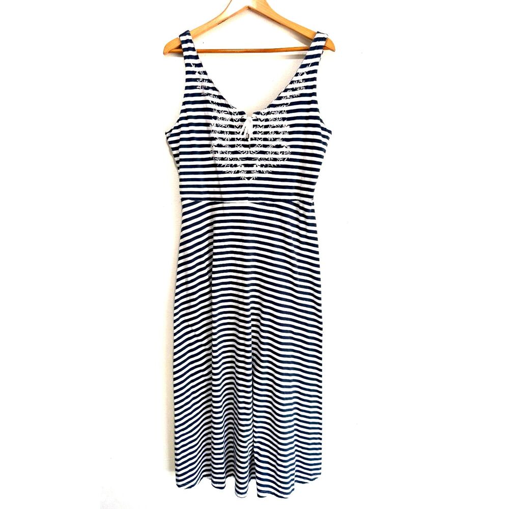 Chaps midi dress cotton summer coastal nautic blue stripes embroidered women XL